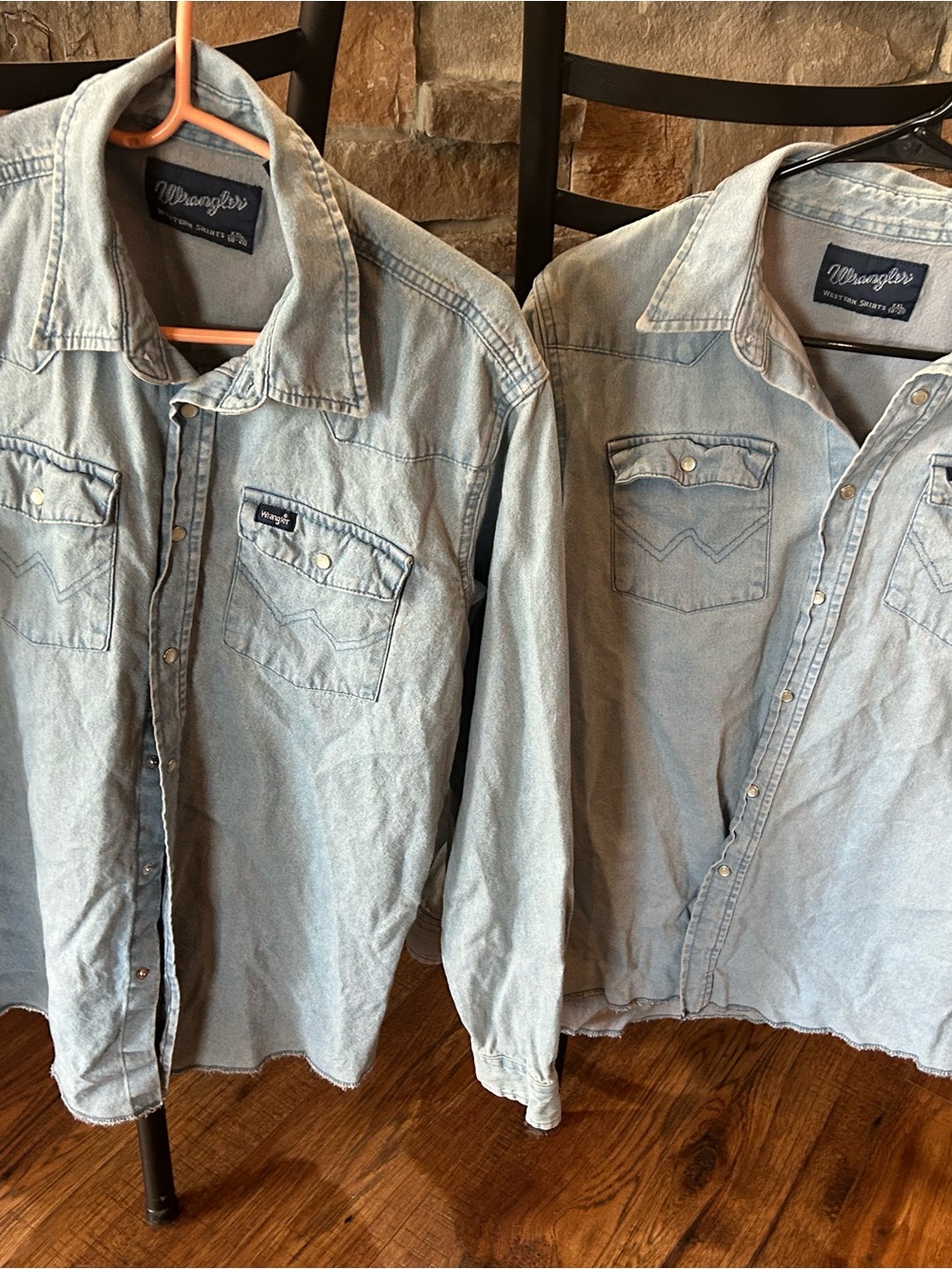 Lot of 2 Wrangler denim pearl snap cowboy work shirts